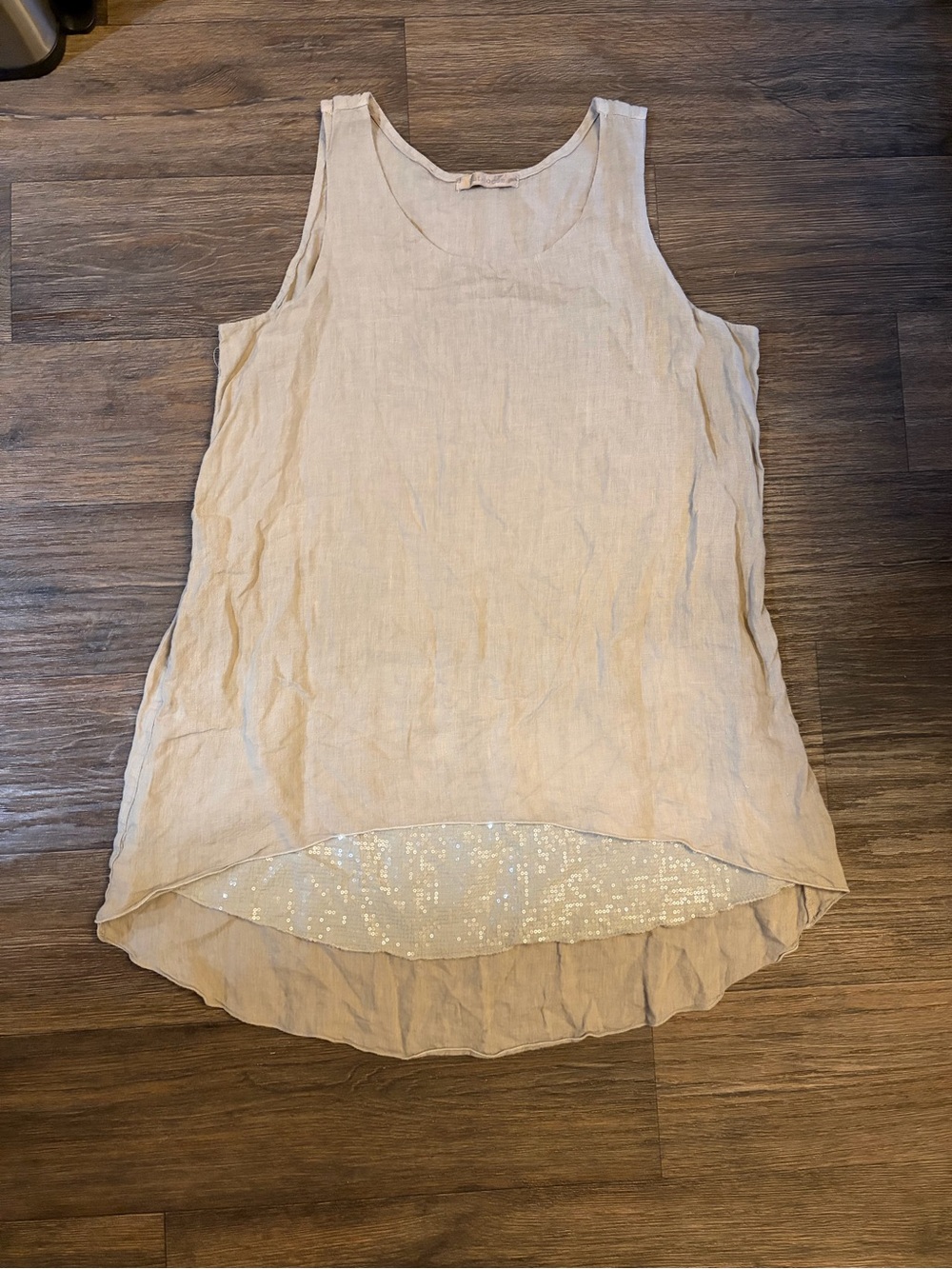 Women’s Cut•Loose Beige Linen Blend w/ Sequin Accent Boho Chic Dress Size L